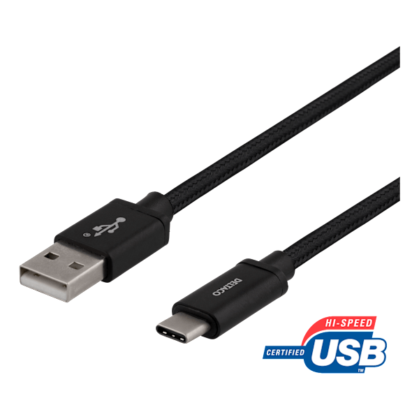 USB-A - USB-C-kaapeli, 1m, USB 2.0, punottu, musta