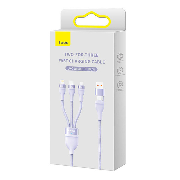 3-i-1 USB-kabel Baseus Flash Series 2, USB-C + micro USB + Lightning, 100W, 1,2m (lila)