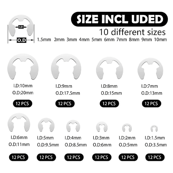 120 st Circlip Set - Extern Snap Retaining Rings Kit