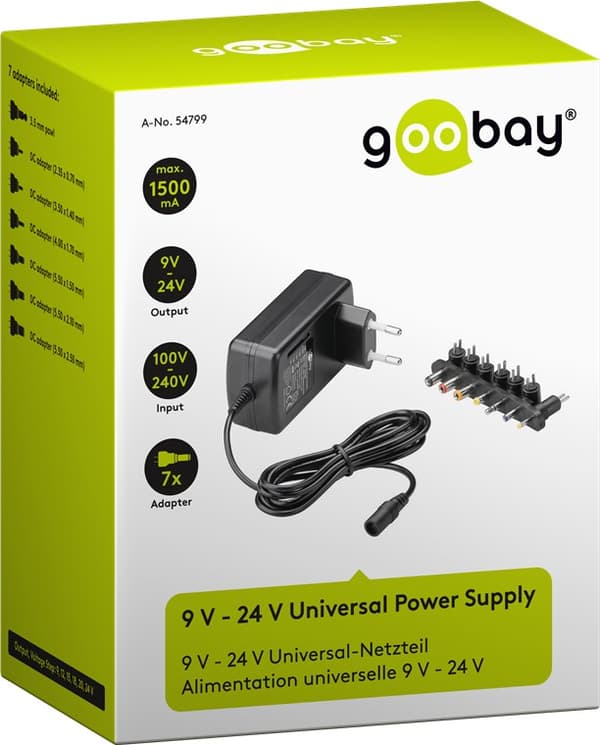 Universal-strømforsyning 9 V–24 V max. 24 W / 1,5 A
