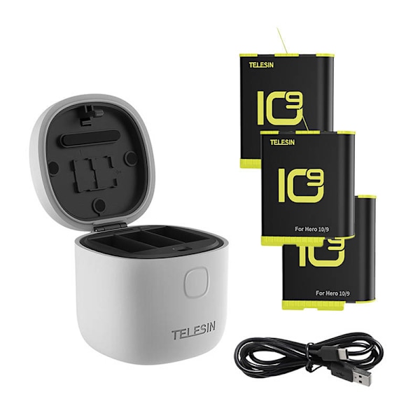 3-fack vattentät laddare Telesin Allin box för GoPro Hero 9 / Hero 10 + 3 batterier (GP-BTR-906-GY-B)