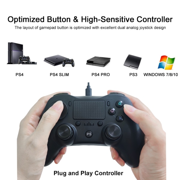 PS4 Controller 1,8 m kabel Svart  PS4 / PS4 Pro / PS3 / PC / Lap Svart