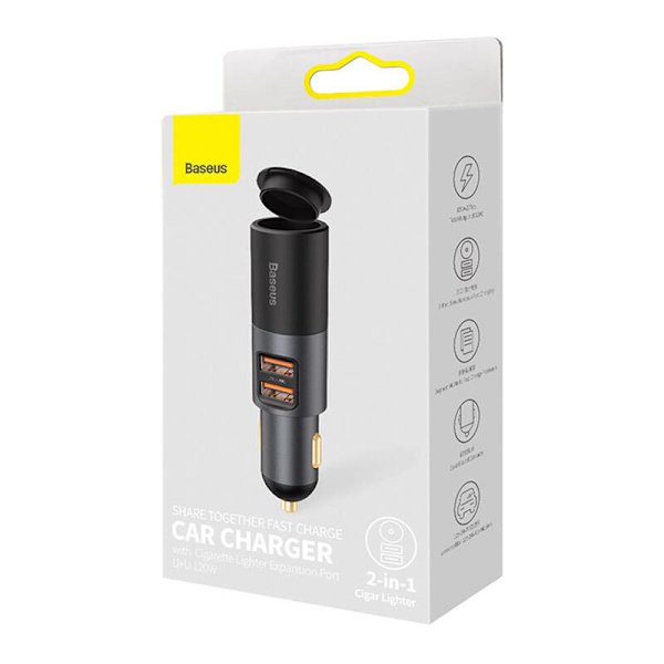 Baseus Share Together Snabbladdning billaddare med expansionsport för cigarettändare, 2x USB, 120W (grå)