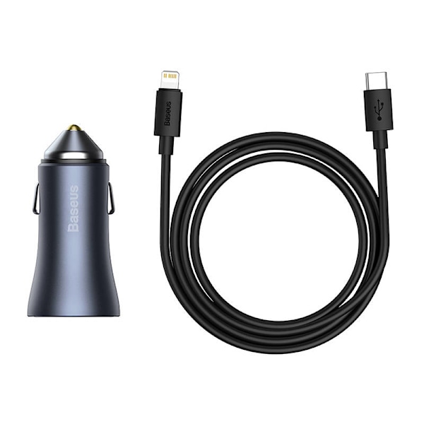 Ładowarka samochodowa Baseus Golden Contactor Pro, USB + USB-C, QC4.0+, PD, SCP, 40W (szara) + kabel USB-C till iP 1m (t