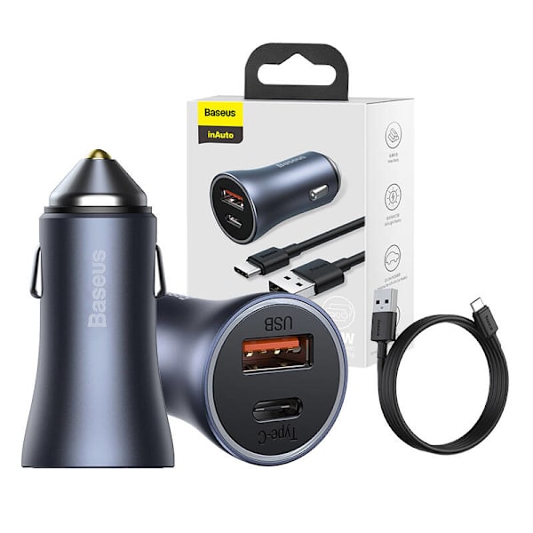 Ładowarka samochodowa Baseus Golden Contactor Pro, USB + USB-C, QC4.0+, PD, SCP, 40W (szara) + USB-kabel till USB-C 1m (