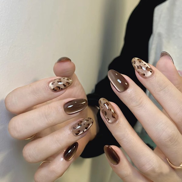 Brun Leopard Kattöga Press-On Naglar - Salongskvalitet