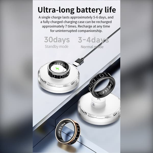 Smart Ring med Display och Laddningsfodral - Spåra Träning & Hälsa Silver 14 Silver 14