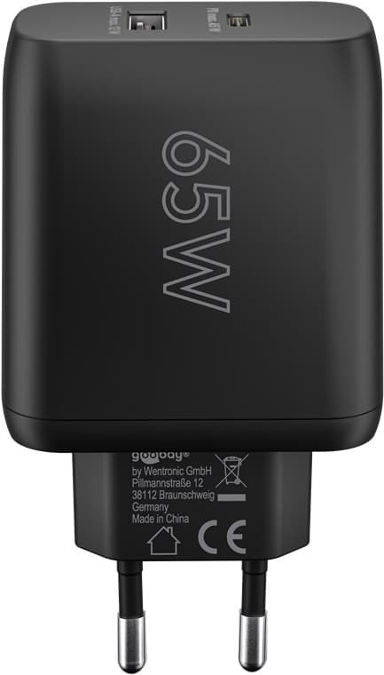 USB-C™ PD GaN dobbelt hurtigoplader (65 W) sort
