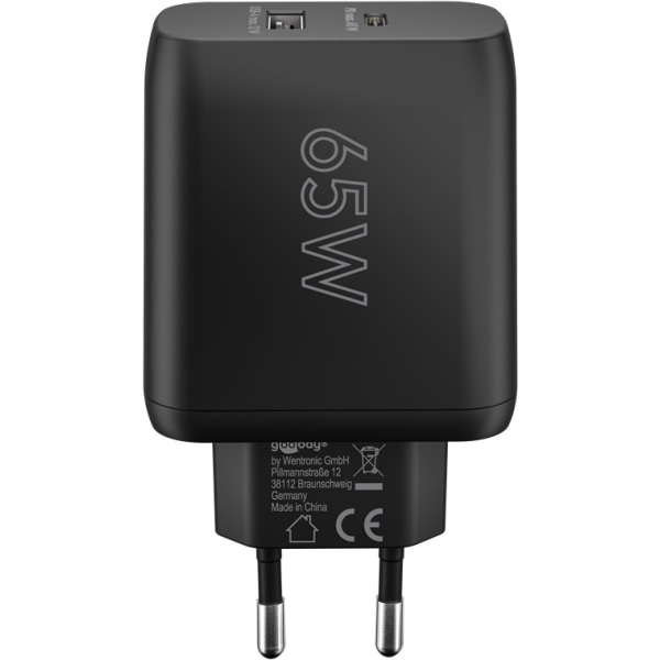 USB-C™ PD GaN dubbel snabbladdare (65 W) svart