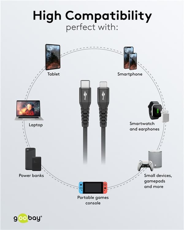 Lightning-USB-C™ erittäin pehmeä tekstiilikaapeli metalliliittimillä, 2 m, musta