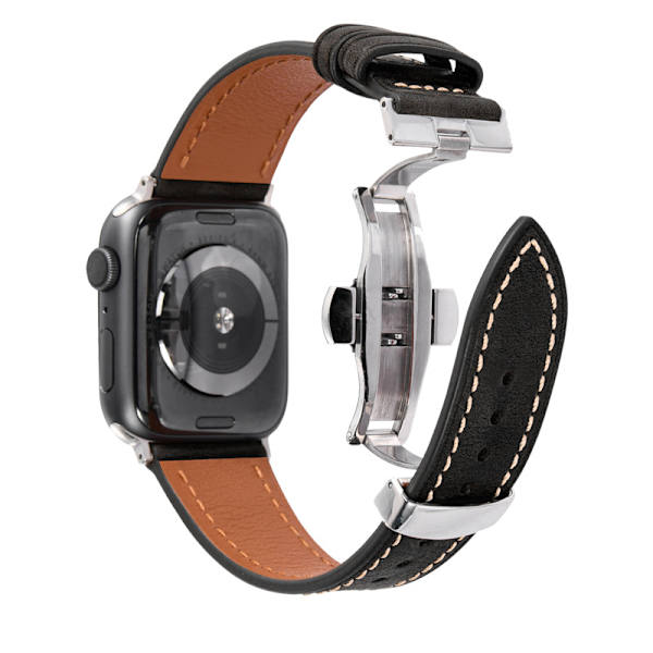 Äkta läderrem för Apple Watch med Silver Butterfly Spänne - (42/44/45/49 mm) kaffe