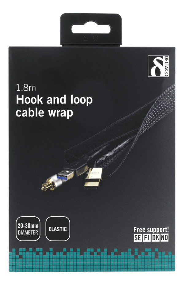 Nylon cable wrap, hook and loop fastener, 1,8m, black