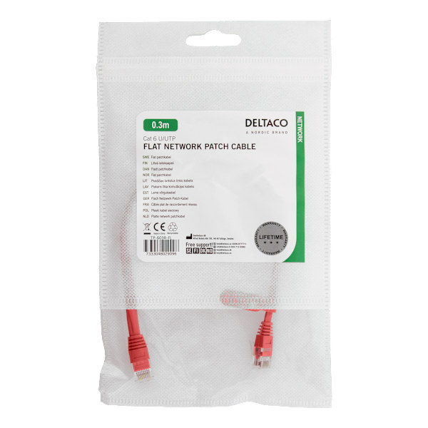 U/UTP Cat6 patch cable, flat, 0.3m, 250MHz, red
