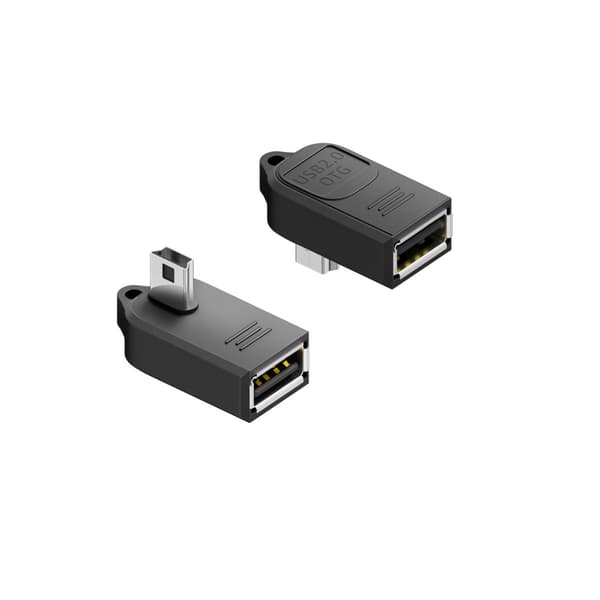 Venstrevinklet mini USB han til USB-A hun OTG-adapter 4-pak, USB 2.0 480Mbps, nøglekæde, ABS, sort, kompakt