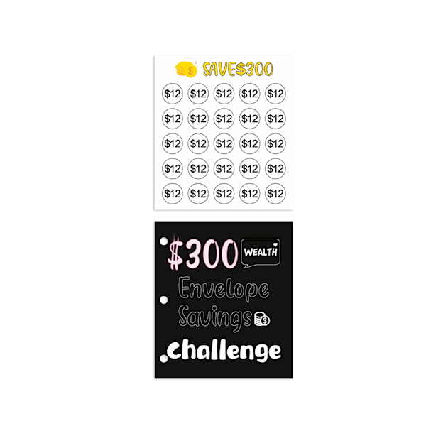 Money Saving Challenge Binder - Mini Cash Envelope System - 300 dollarin tavoite Musta