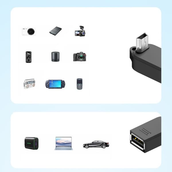 90 asteen mini-USB uros–USB-A naaras OTG-sovitin 4 kpl avainperillä, USB2.0 480Mbps, ABS, musta