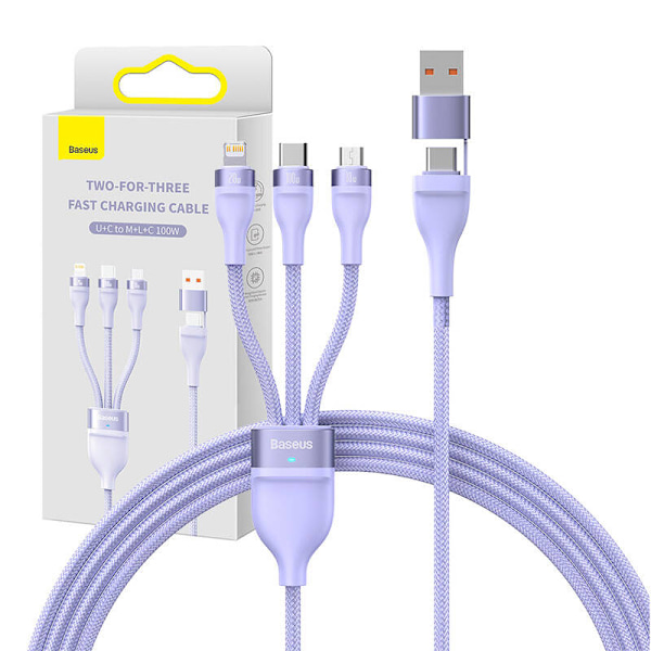 3-i-1 USB-kabel Baseus Flash Series 2, USB-C + micro USB + Lightning, 100W, 1,2m (lila)