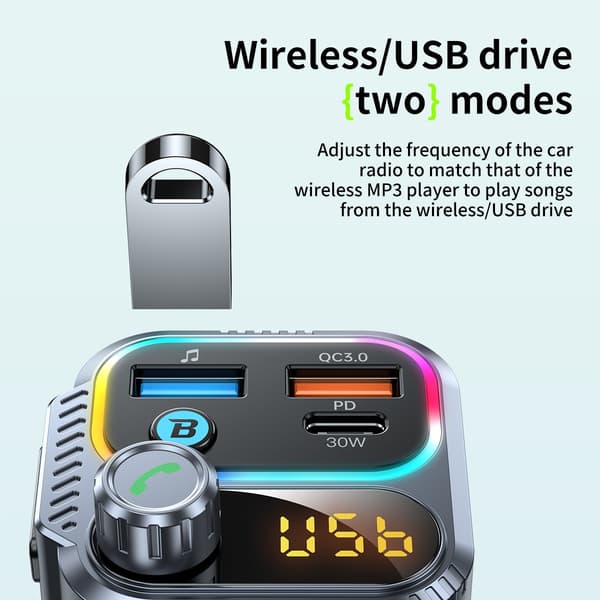 Bil Bluetooth MP3-sender med PD30W USB-C-oplader og dual USB 5V/2.4A, Bluetooth 5.3, MP3 WMA WAV-understøttelse, 12V-24V