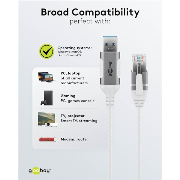 Ethernet-kabel USB-A 3.0 til RJ45, Slim, 1 m