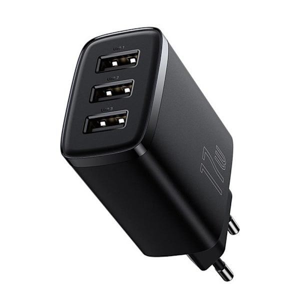 Baseus kompakt snabbladdare, 3x USB, 17W (svart)