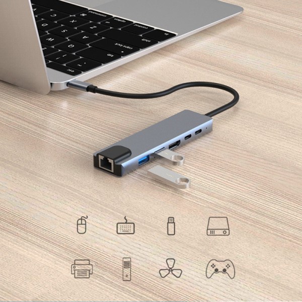 INF USB-C multiportadapter USB-A, USB-C, HDMI, RJ45 Grå Grå