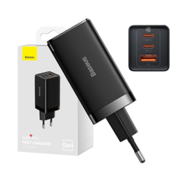 Väggladdare Baseus GaN5 Pro 2xUSB-C + USB, 65W (svart)