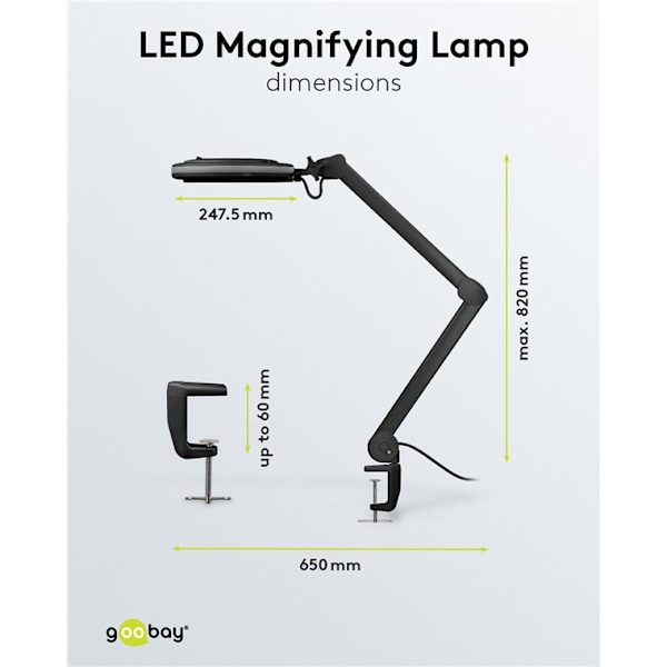 LED-förstoringslampa med klämma, 9 W, svart