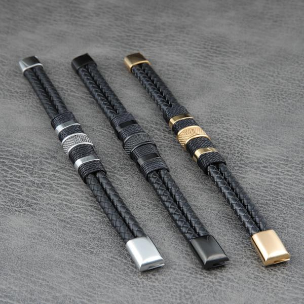 Punk vävt rostfritt stål läderrep armband 19 cm