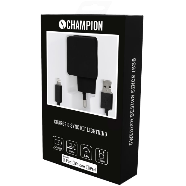 Champion Laddare 12W + USB-A till Lightning Kabel Svart