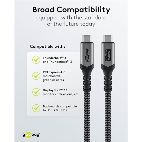 USB-C™-kabel med tekstilkappe, USB4™, 240 W, 40 Gbit/s, Power Delivery, 1,5 m