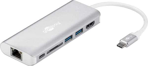USB-C™-multiportadapter till HDMI™ 4K @ 30 Hz, USB, cardreader, RJ45, PD, aluminium, silver