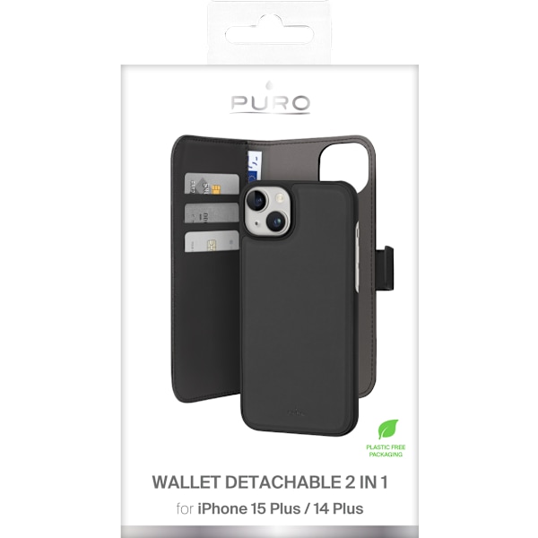iPhone 15 Plus eco-leather detachable wallet case, black
