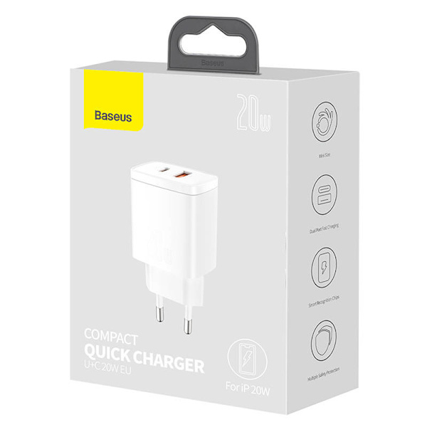 Baseus kompakt snabbladdare, USB, USB-C, 20W (vit)
