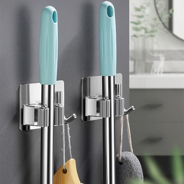 Rostfritt Stål Mopphållare med Krokar (2-Pack) - Väggmonterad Kvastgrepp för Badrum, Kök & Mer Grey Grey