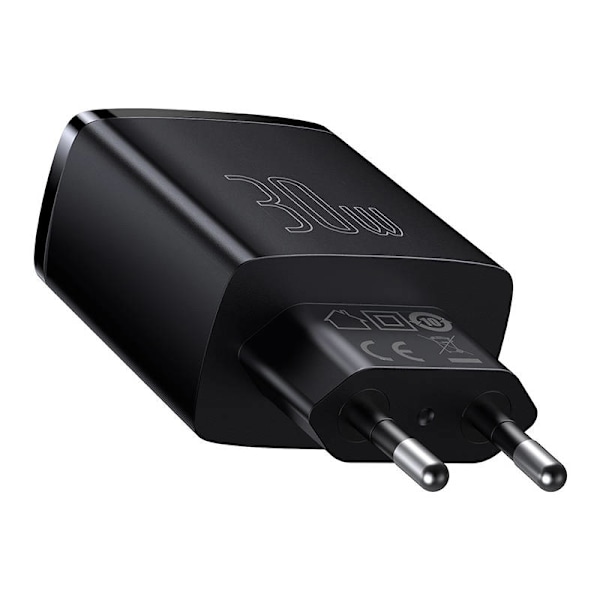 Laddare Baseus kompakt snabbladdare, 2xUSB, USB-C, PD, 3A, 30W (czarna)
