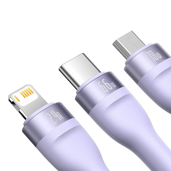 3-i-1 USB-kabel Baseus Flash II Series, USB-C + micro USB + Lightning, 66W, 1,2m (lilla)