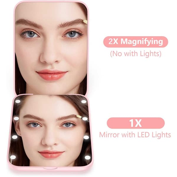 Bærbart LED Makeupspejl med 3x Forstørrelse og Ringlys Lyserød