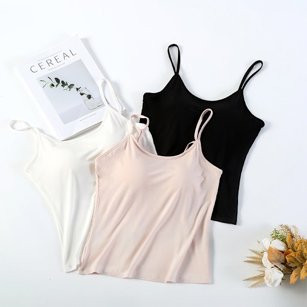 Dame Silke Camisole, Justerbar Strop V-hals Camisole med Indbygget BH Sort L