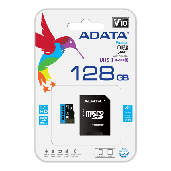 64GB MicroSDXC card w/ SD Adapter, UHS-I, Class 10, A1, blue