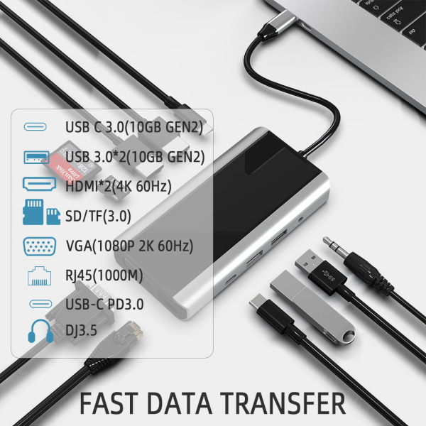 11 in 1 USB C -keskitin, jossa USB 3.0, HDMI, RJ45, SD/TF-kortinlukija, 100 W PD-lataus