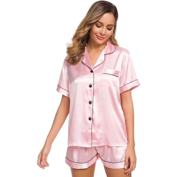 Button Down Short Pyjamas Set för kvinnor 2-delade toppar och shorts Rosa M