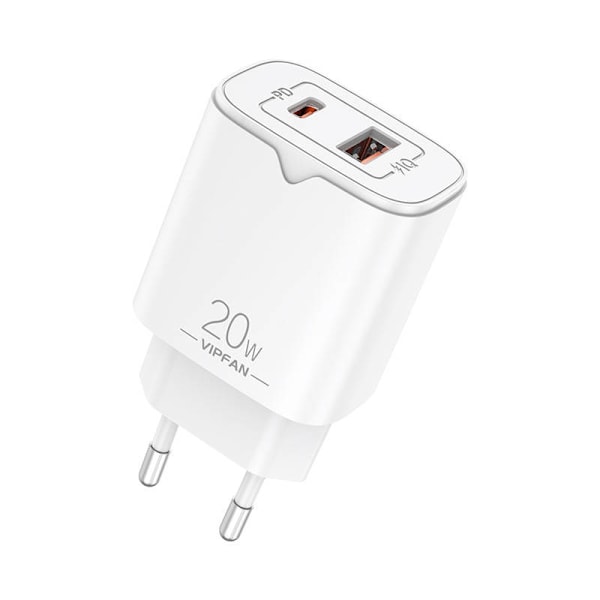 Nätverksladdare VFAN E08, USB + USB-C, 20W PD + QC 3.0 (vit)