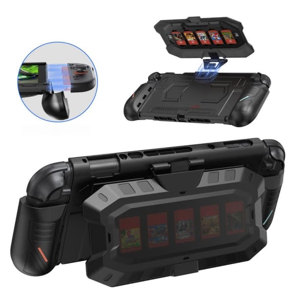 Switch2 Skyddsfodral - Svart Mecha-stil med Fällbart Ställ och Spelkortsförvaring