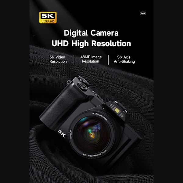 INF Digitalkamera 5K 48MP 16 x zoom 3,5-tums skärm, autofokus, anti-shake Svart