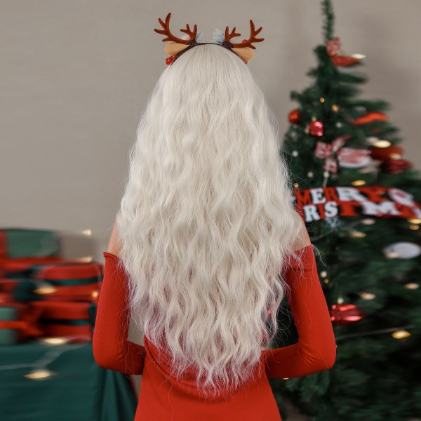 Jul vågigt långt lockigt hår med lugg hår peruker Vit