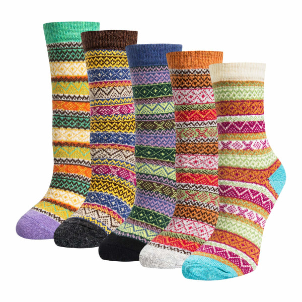 5 par strikkede sokker i flotte farver og mønstre Stribe MultiColor L