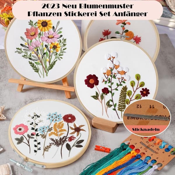 DIY Handbroderi Startpaket - 3 Set med Blommönster, Båge och Verktyg