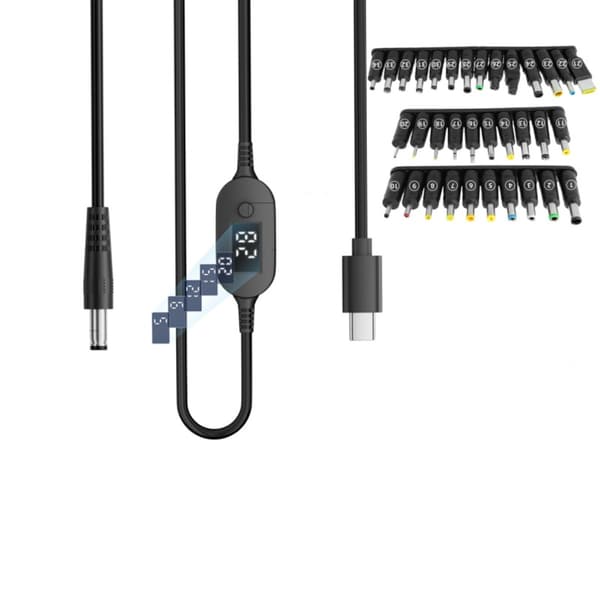 Justerbart USB-C til DC-kabel 1m med digital spændingsvisning, 34-i-1 DC-adaptere, PD3.1 140W (28V 5A), DC5.5x2.5mm sort
