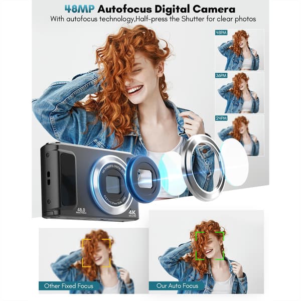 4K HD digitalkamera med front- og bagkamera og stabilisering White White