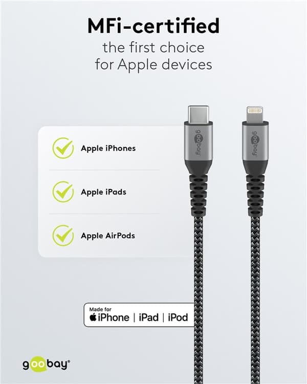 Lightning-USB-C™ textilkabel med metallkontakter, 1 m